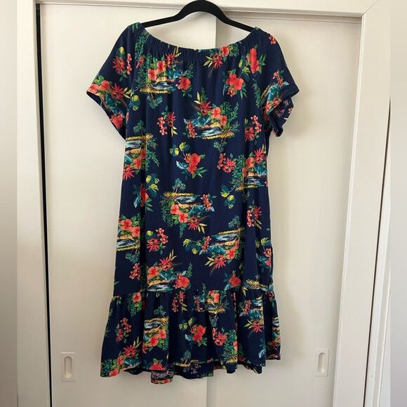 Lands’ End 100% Cotton Blue Red Hawaiian Flower Dress Size L 14-16 - Picture 5 of 10